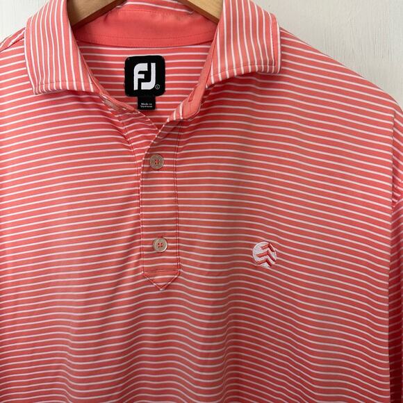 Footjoy FJ Performance Polo Shirt Mens L Melon Pink White Striped Stretch Golf - Picture 4 of 6